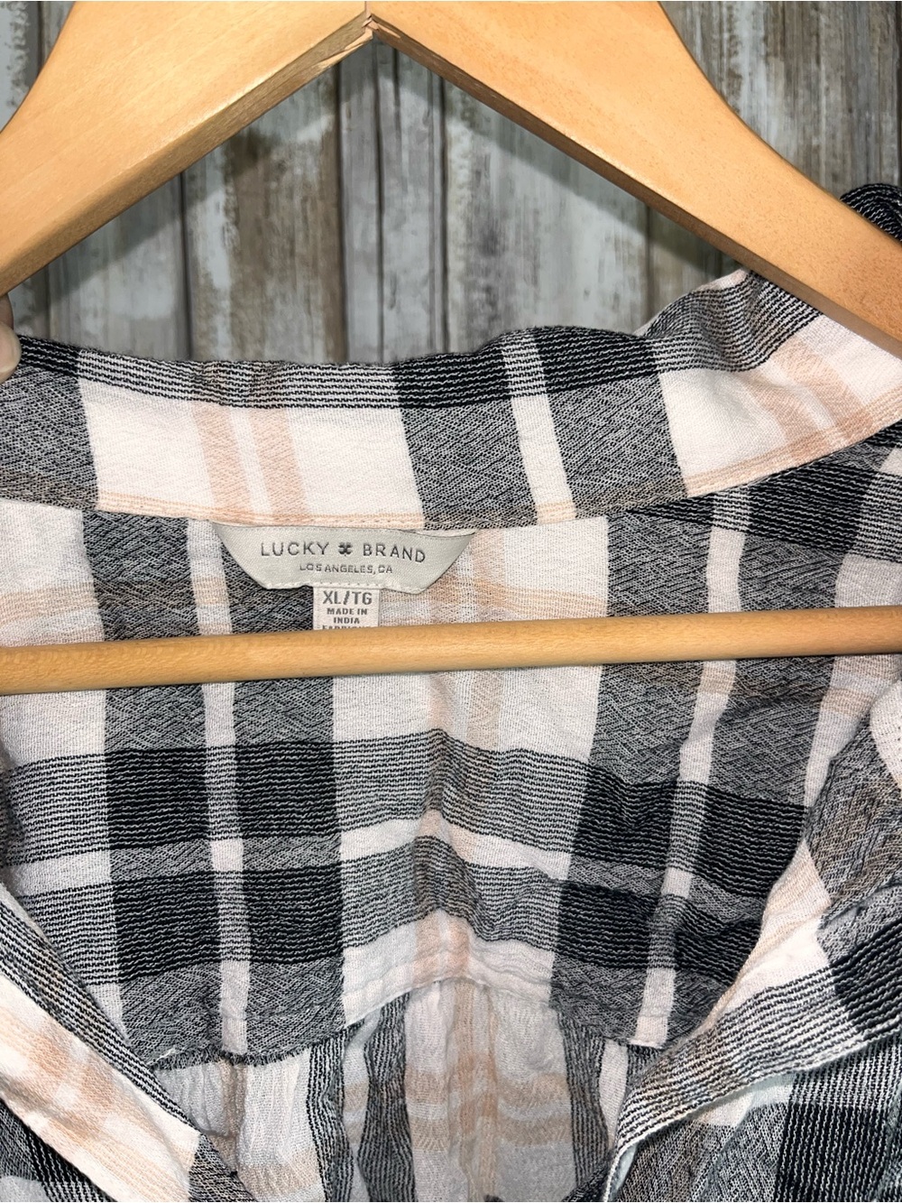 Lucky Brand Plaid Button Front Shirt Blouse Black Cream Blush XL - Picture 5 of 5